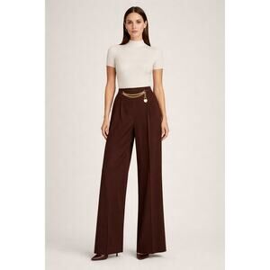 Lauren Ralph Lauren Black Label Brown Gold Chain Locket Wide Leg Pant Women 12